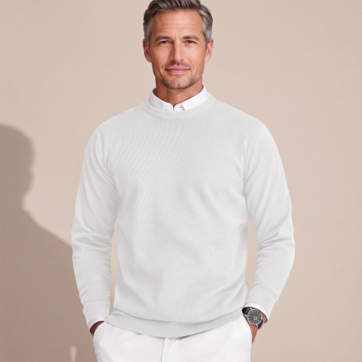 Men's Easy-Care Slim Crew Neck Sweater - White