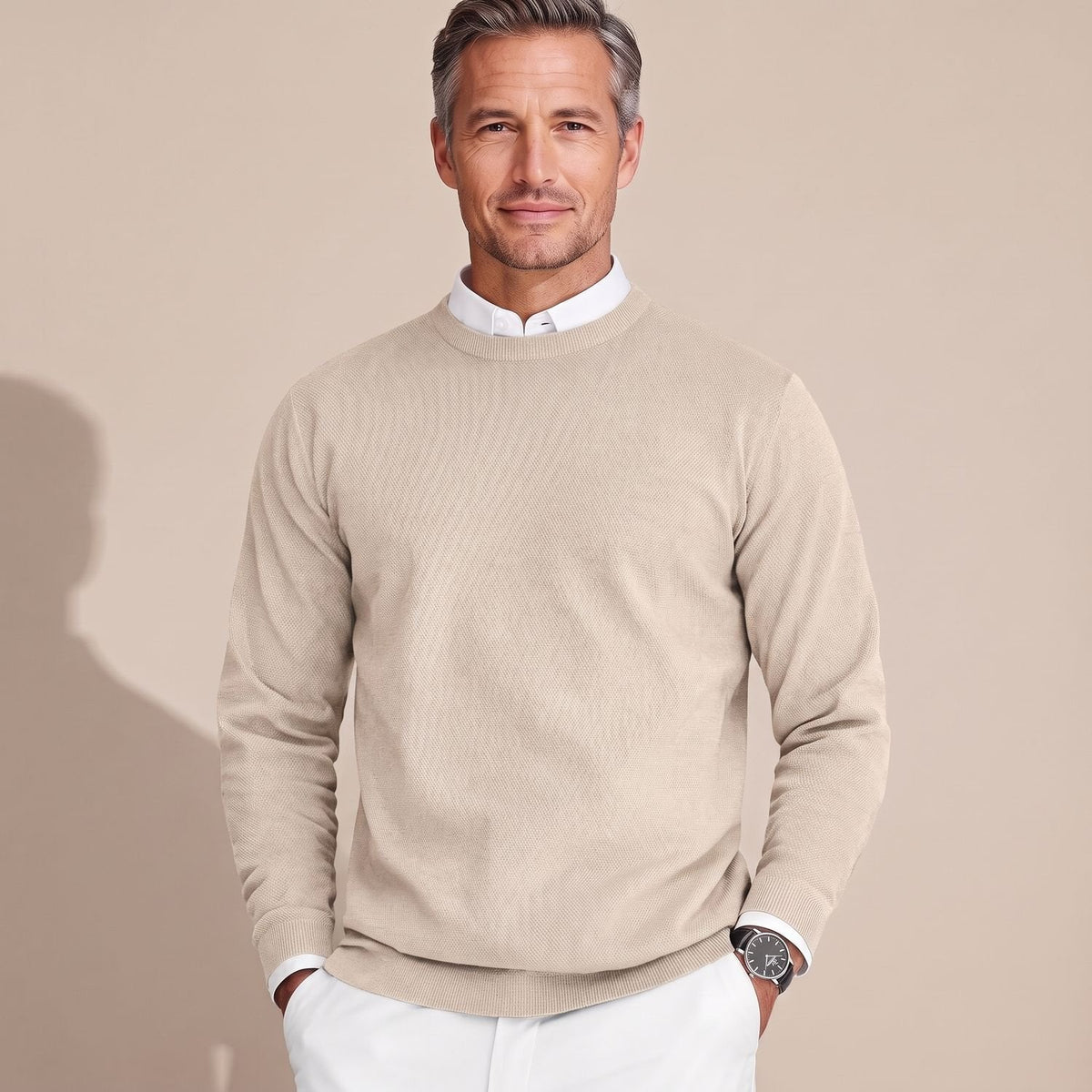 Men's Easy-Care Slim Crew Neck Sweater - Beige