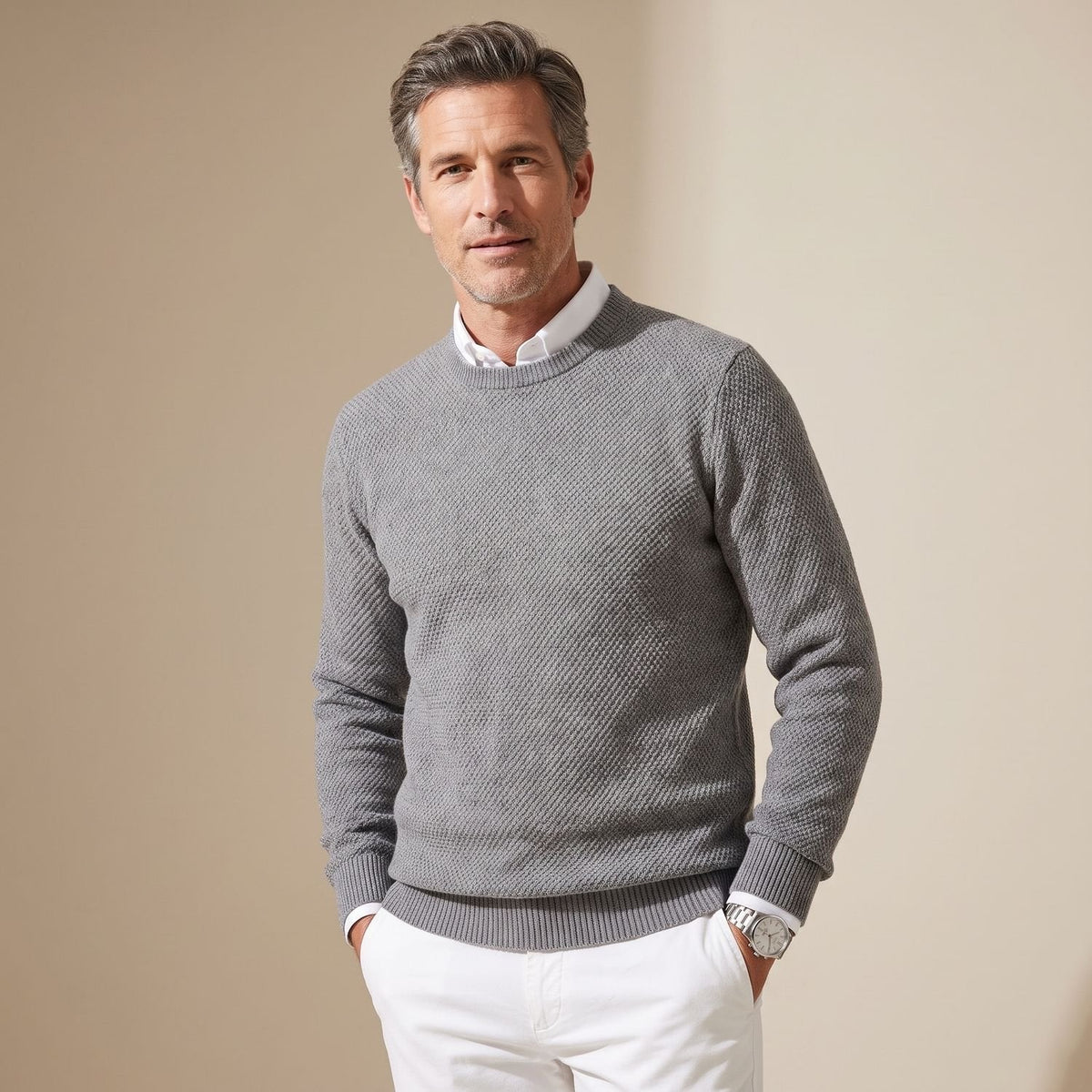Men's Easy-Care Slim Crew Neck Sweater - Gray