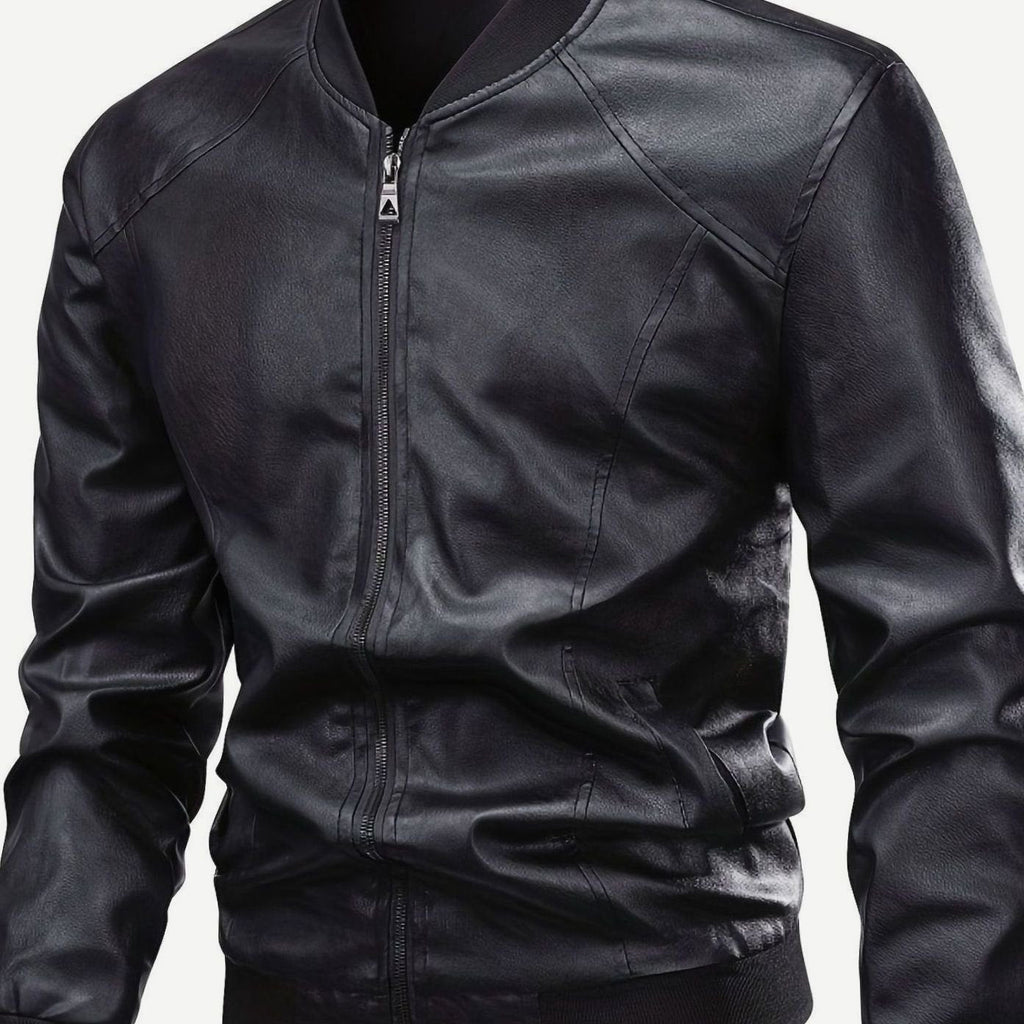 Men's Slim Faux Leather Zip Bomber with Front Pockets