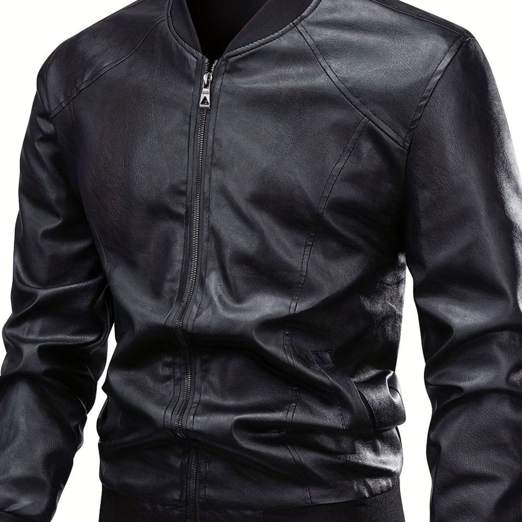 Men's Slim Faux Leather Zip Bomber with Front Pockets - Black