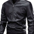 Men's Slim Faux Leather Zip Bomber with Front Pockets - Black