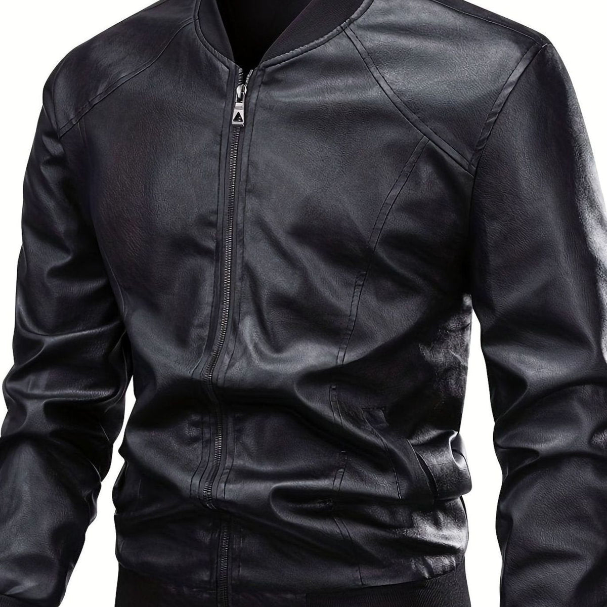 Men's Slim Faux Leather Zip Bomber with Front Pockets - Black