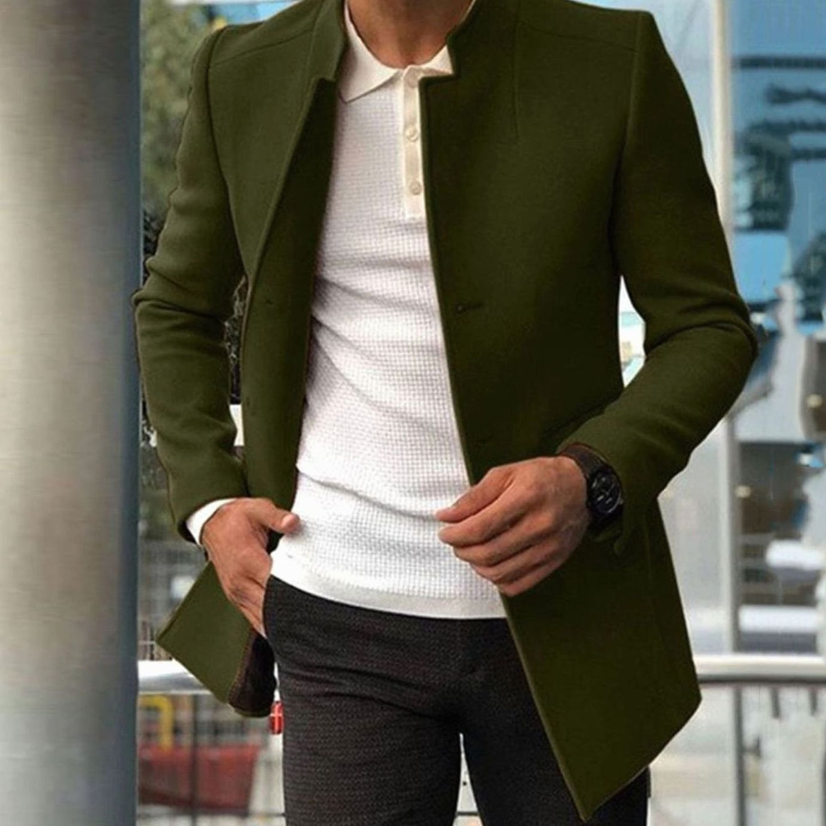 Men's Minimalist Stand-Collar Slim Long Coat - Army Green