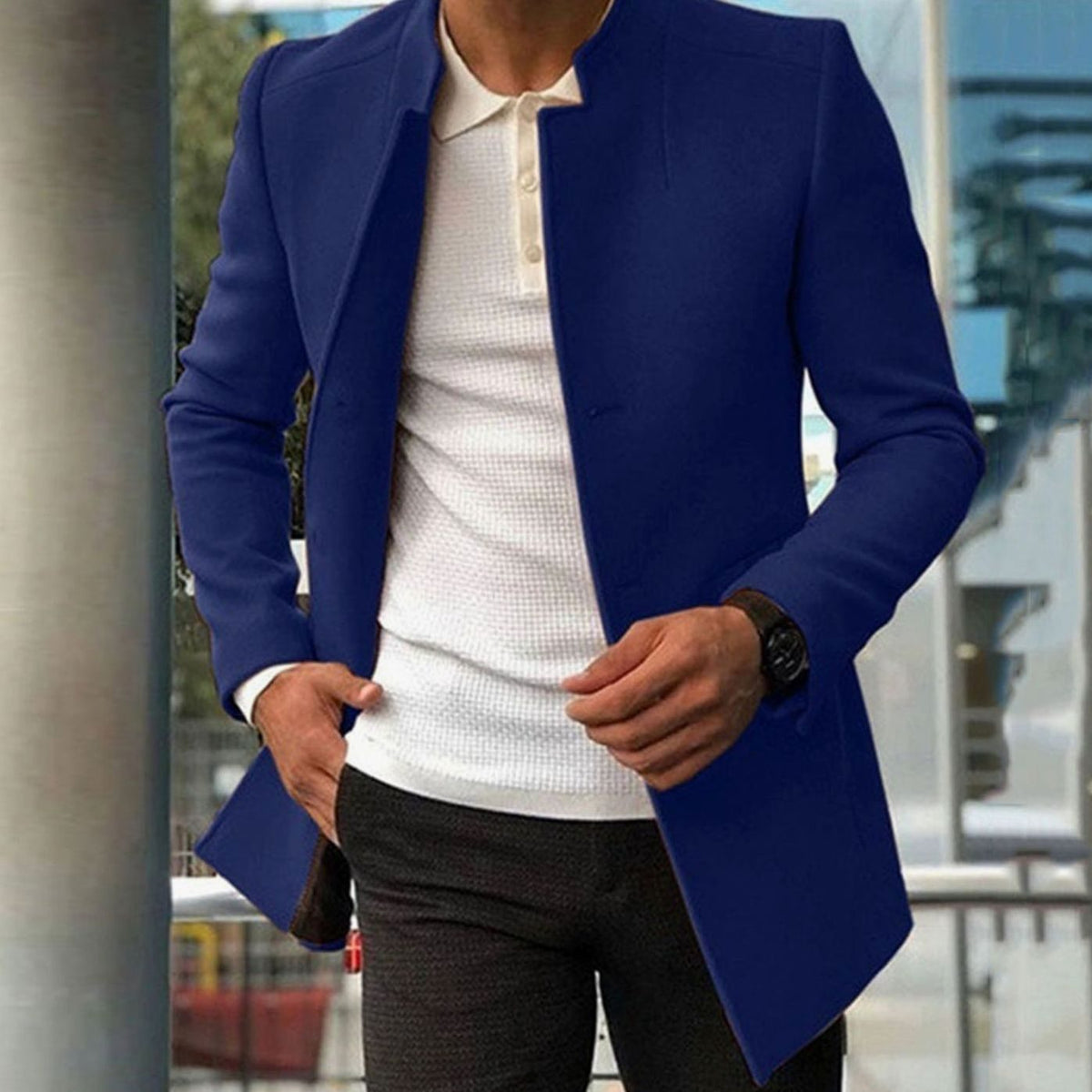 Men's Minimalist Stand-Collar Slim Long Coat - Blue