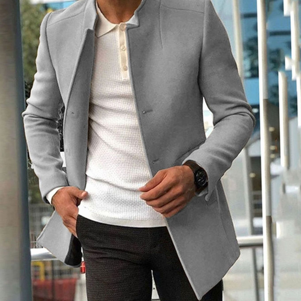 Men's Minimalist Stand-Collar Slim Long Coat - Gray