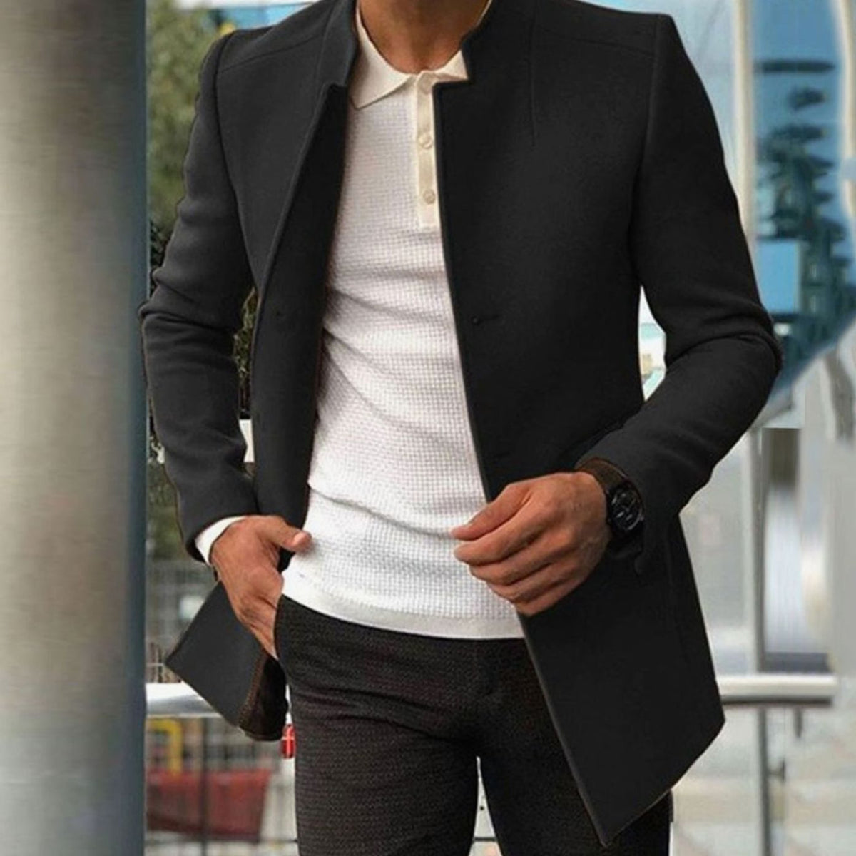 Men's Minimalist Stand-Collar Slim Long Coat - Black
