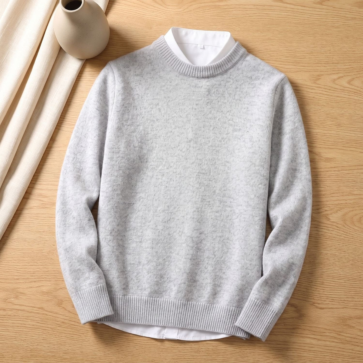 Men's Relaxed Crew Neck Sweater with Ribbed Cuffs and Hem - Gray