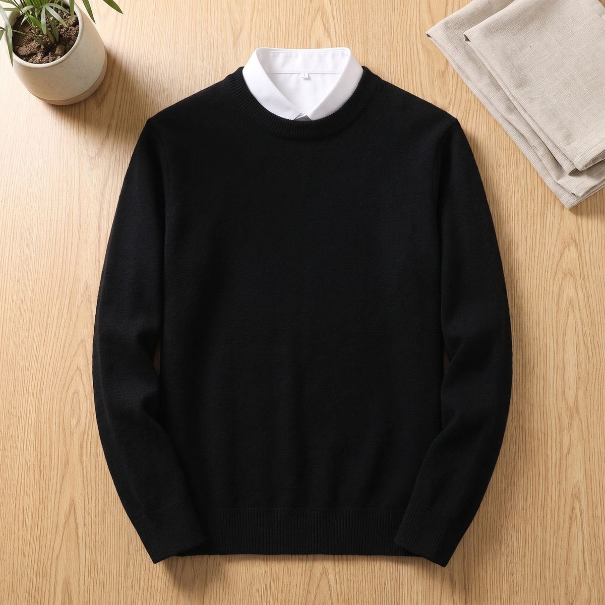 Men's Relaxed Crew Neck Sweater with Ribbed Cuffs and Hem - Black