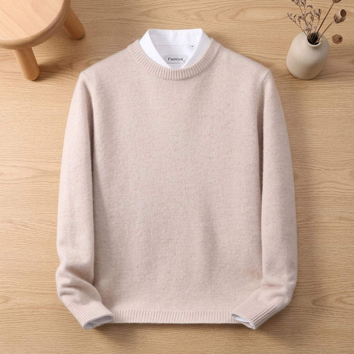 Men's Relaxed Crew Neck Sweater with Ribbed Cuffs and Hem - Beige