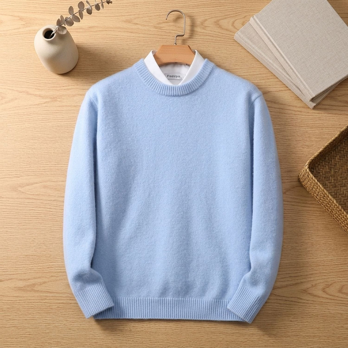 Men's Relaxed Crew Neck Sweater with Ribbed Cuffs and Hem - Light Blue