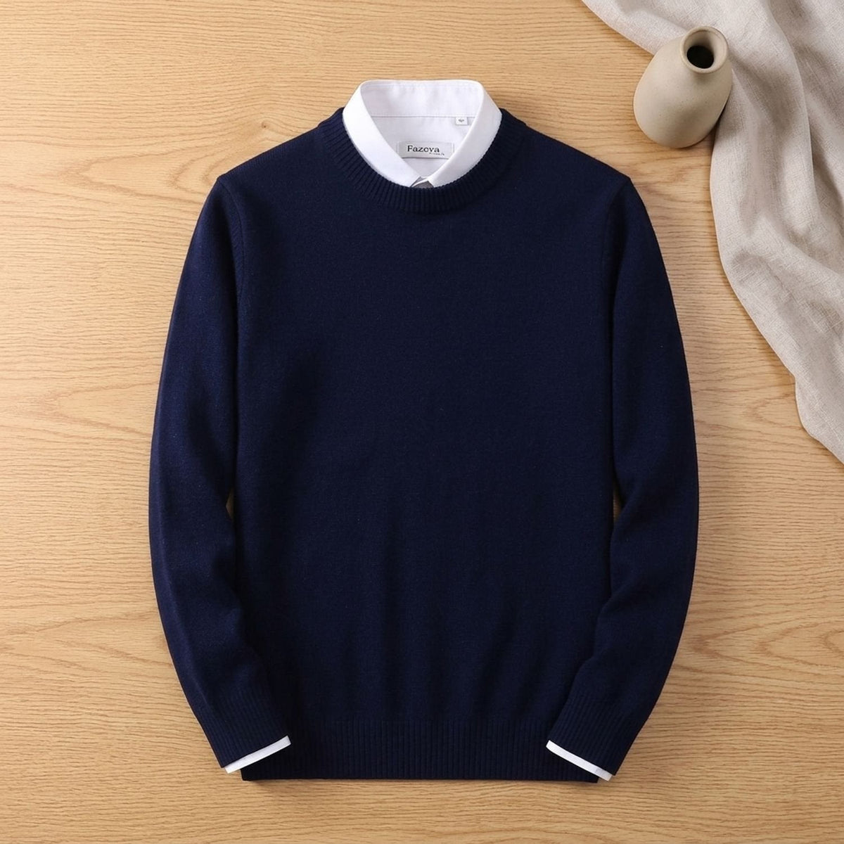 Men's Relaxed Crew Neck Sweater with Ribbed Cuffs and Hem - Navy Blue