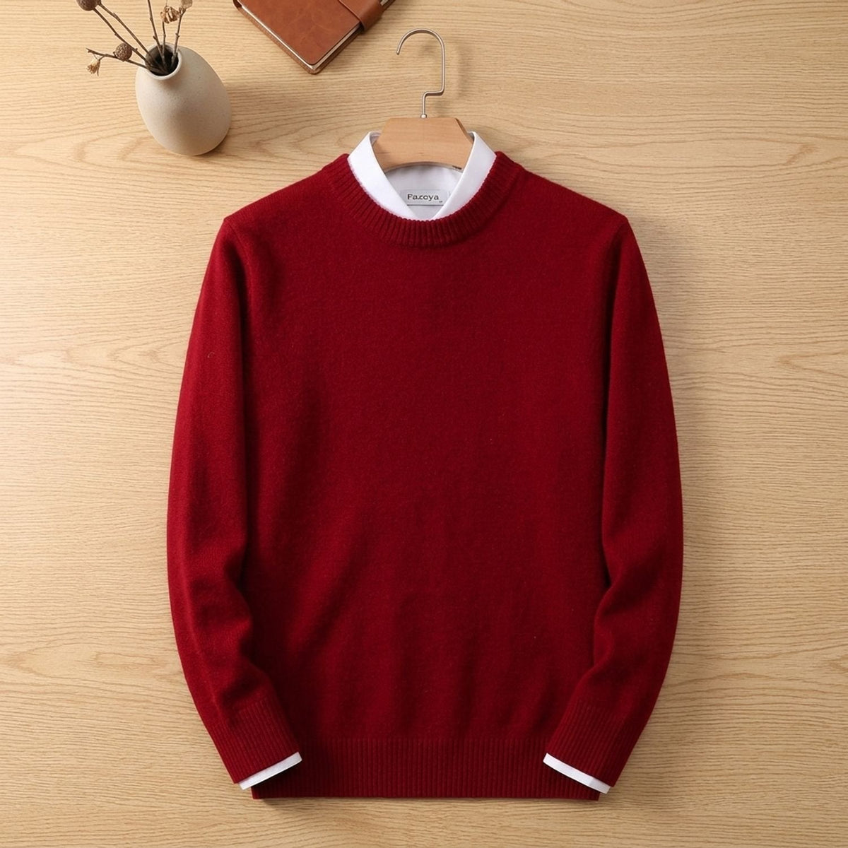 Men's Relaxed Crew Neck Sweater with Ribbed Cuffs and Hem - Red