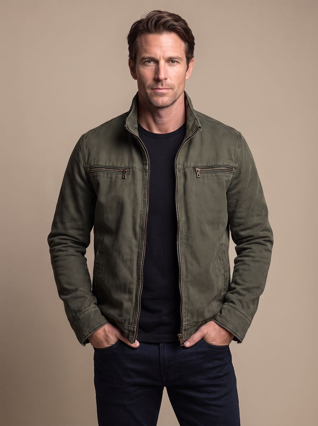 Men's Brushed Slim-Fit Utility Bomber with Stand Collar