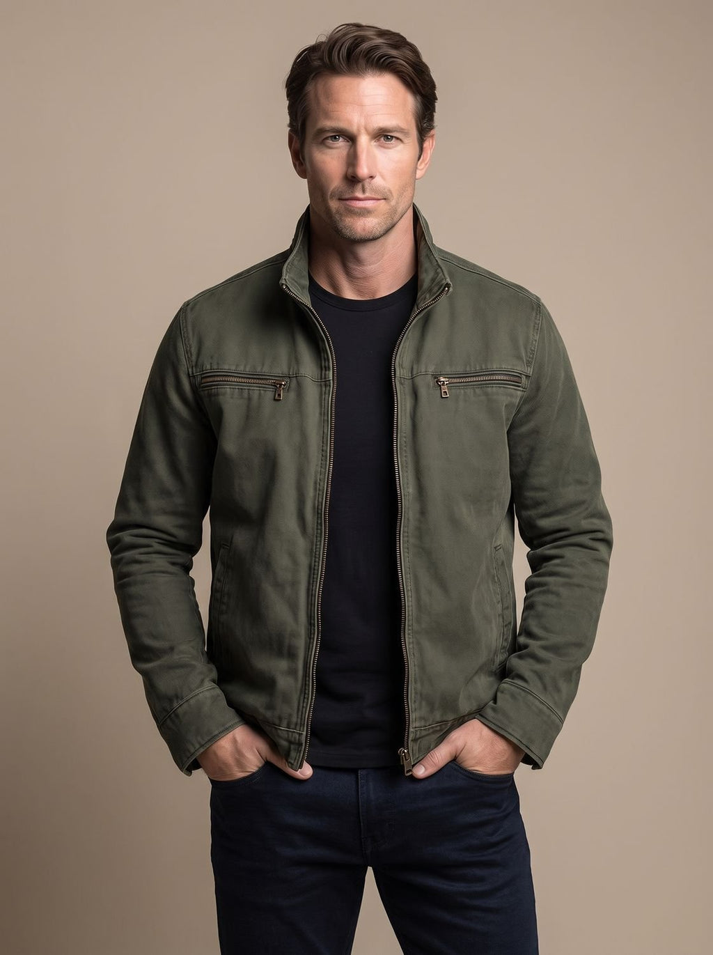 Men's Brushed Slim-Fit Utility Bomber with Stand Collar - Army Green