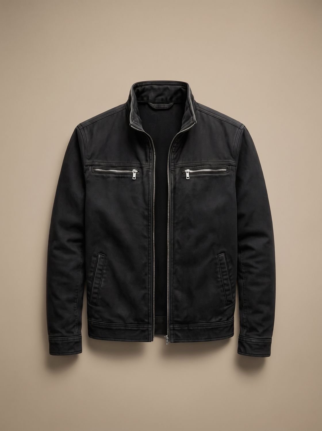 Men's Brushed Slim-Fit Utility Bomber with Stand Collar - Black