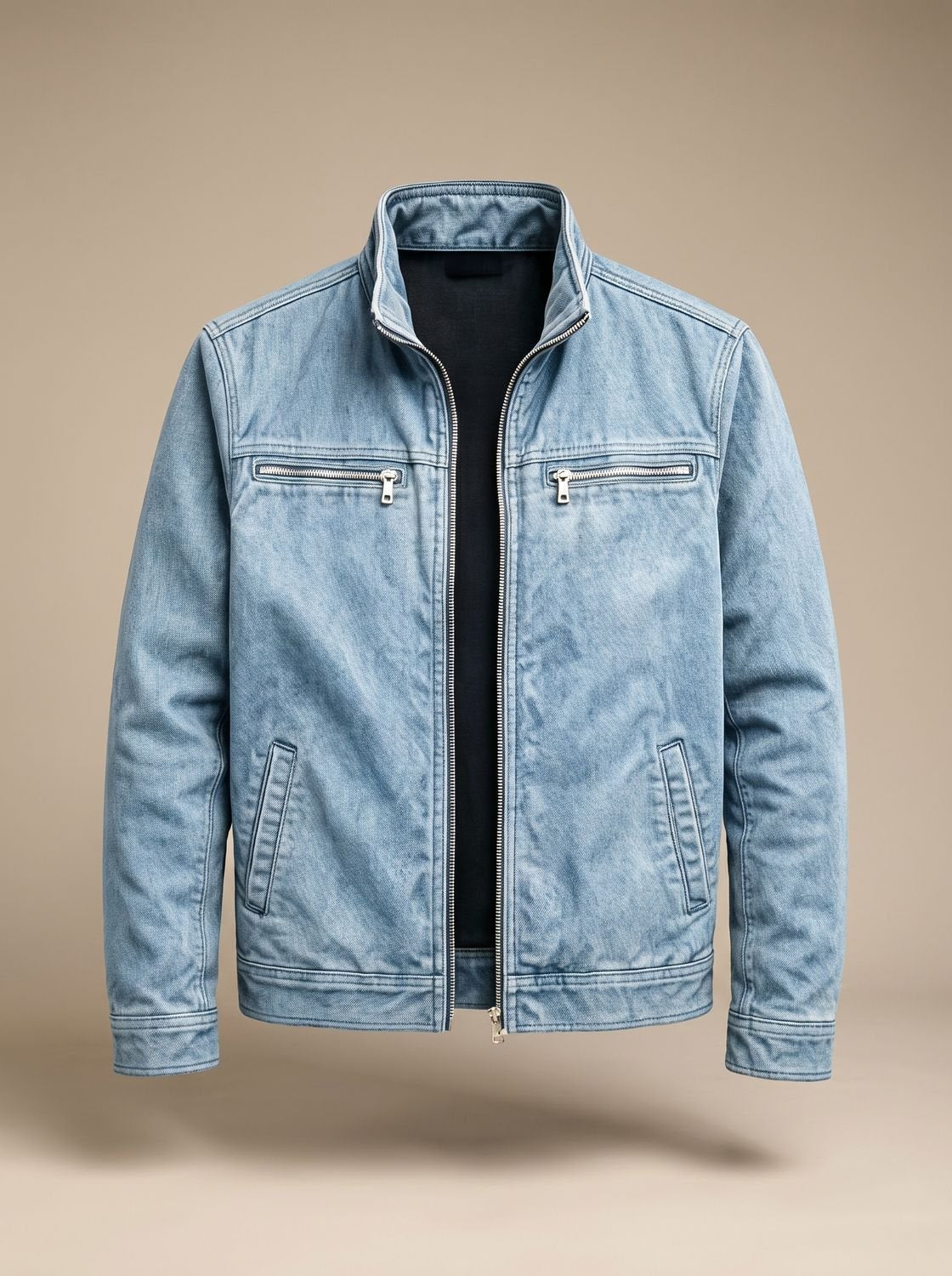 Men's Brushed Slim-Fit Utility Bomber with Stand Collar - Blue