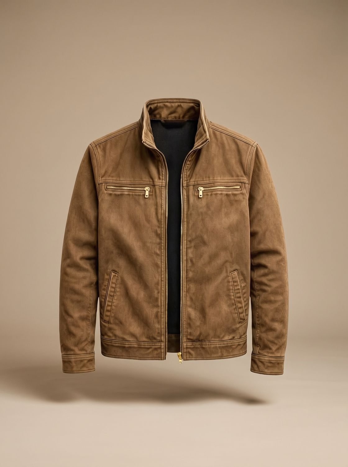 Men's Brushed Slim-Fit Utility Bomber with Stand Collar - Brown