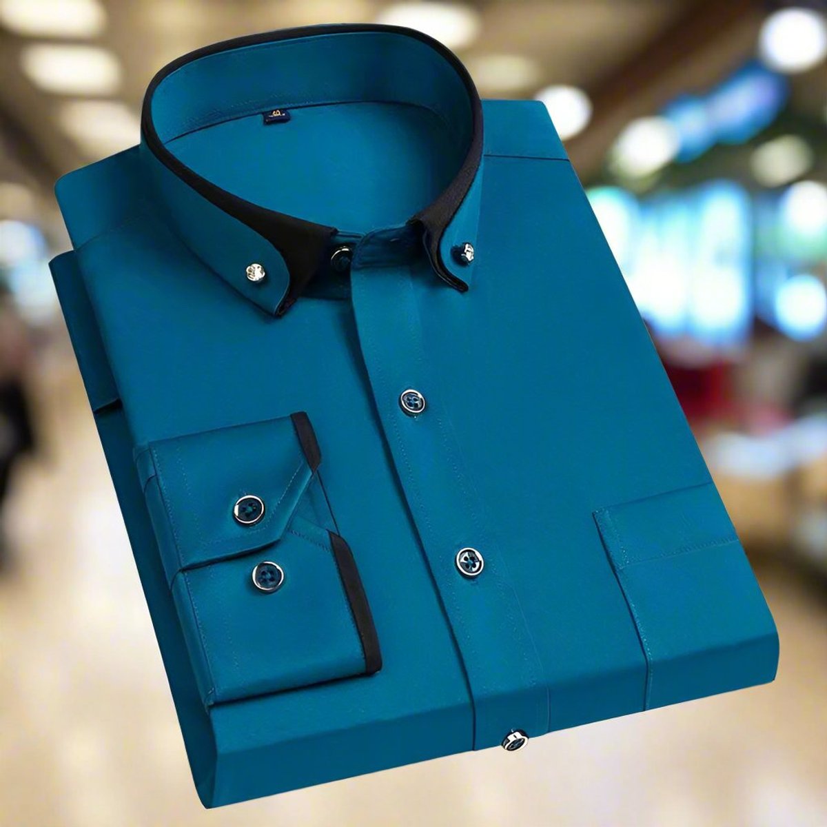 Men's Tailored Button-Down Shirt with Two-Tone Cuffs and Collar - Turquoise Blue