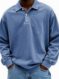 Men's Oversized Retro-Style Polo Shirt with Button Placket - Blue