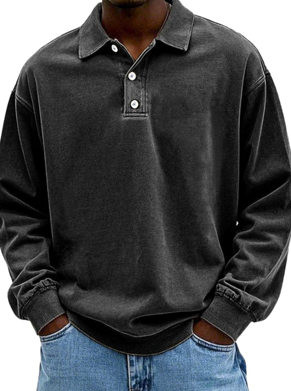 Men's Oversized Retro-Style Polo Shirt with Button Placket - Black