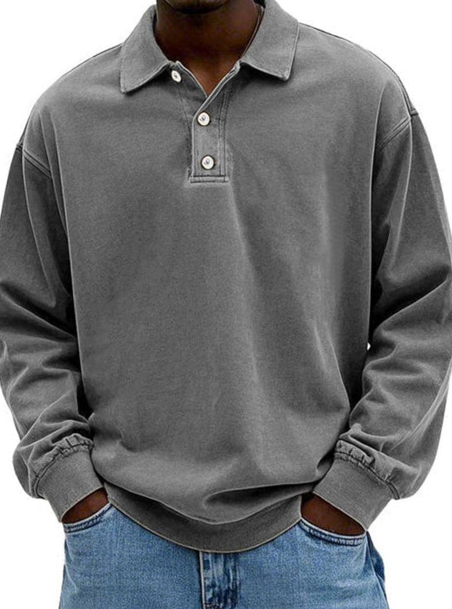 Men's Oversized Retro-Style Polo Shirt with Button Placket - Gray