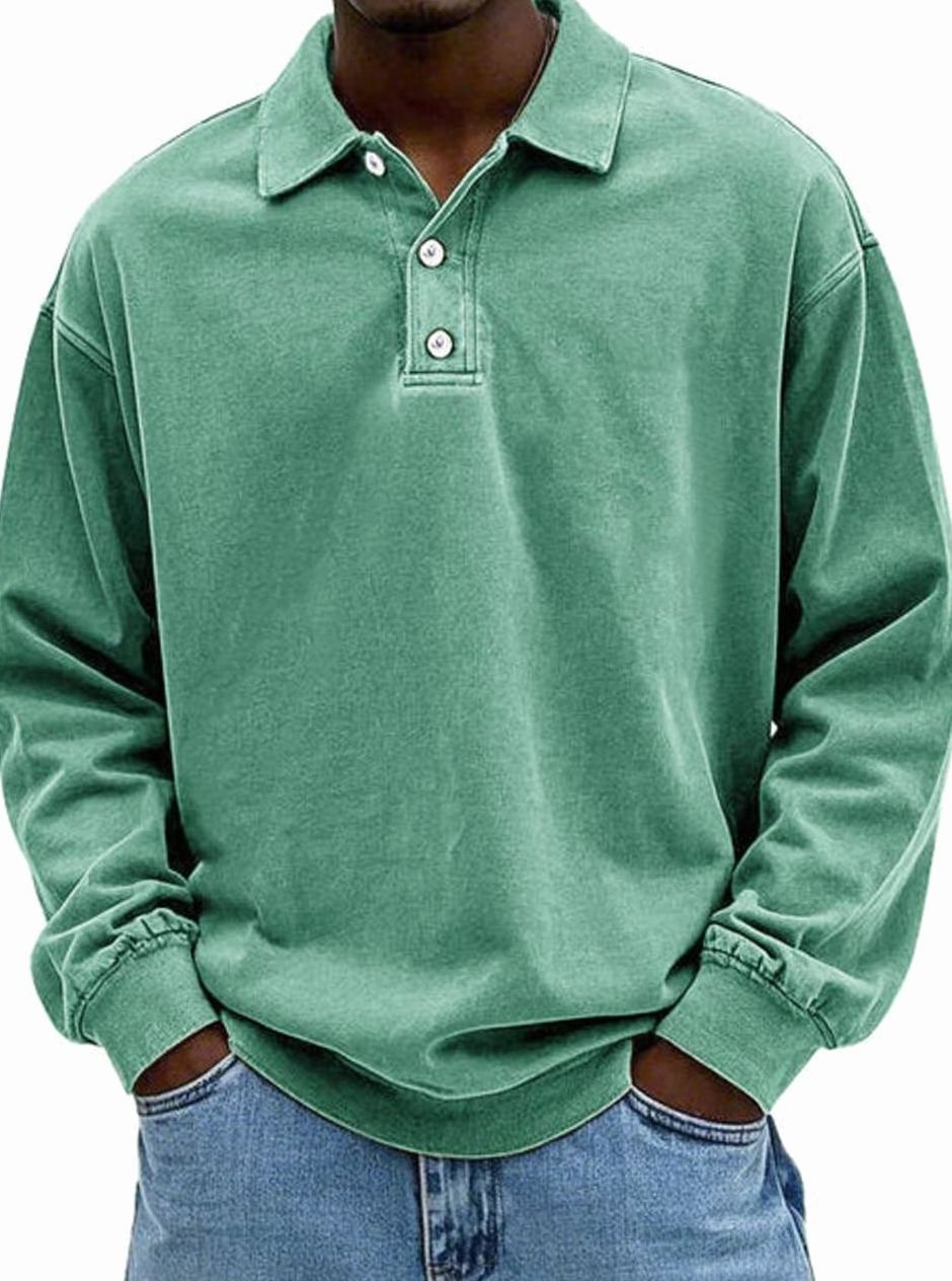 Men's Oversized Retro-Style Polo Shirt with Button Placket - Green