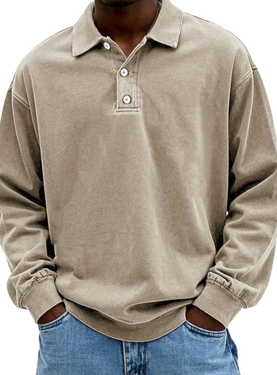 Men's Oversized Retro-Style Polo Shirt with Button Placket - Khaki