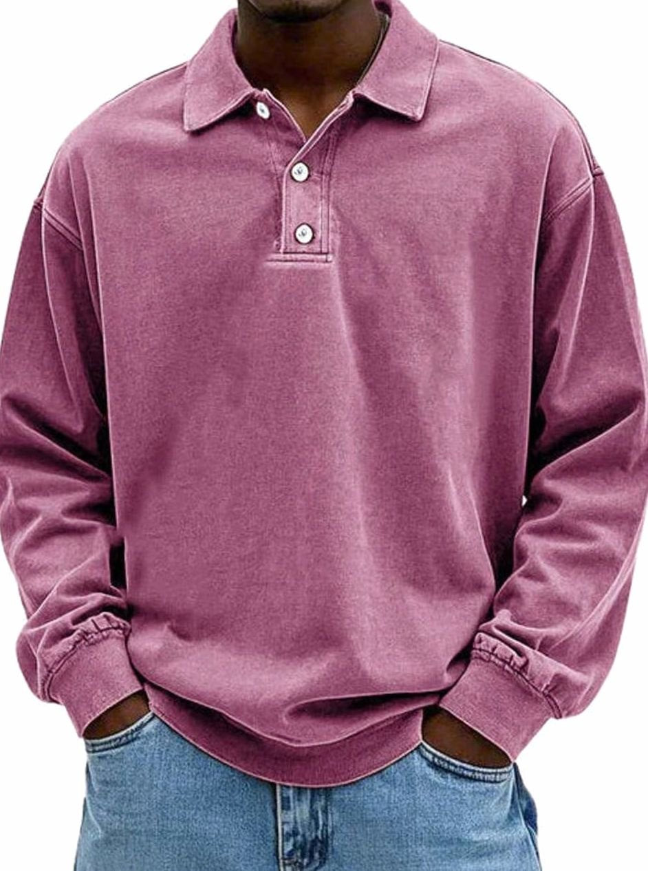 Men's Oversized Retro-Style Polo Shirt with Button Placket - Pink