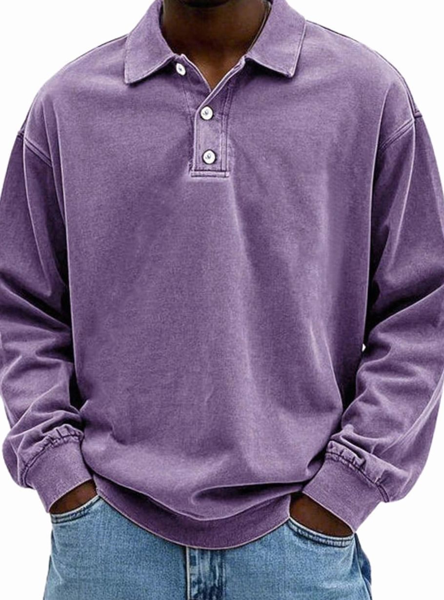 Men's Oversized Retro-Style Polo Shirt with Button Placket - Purple