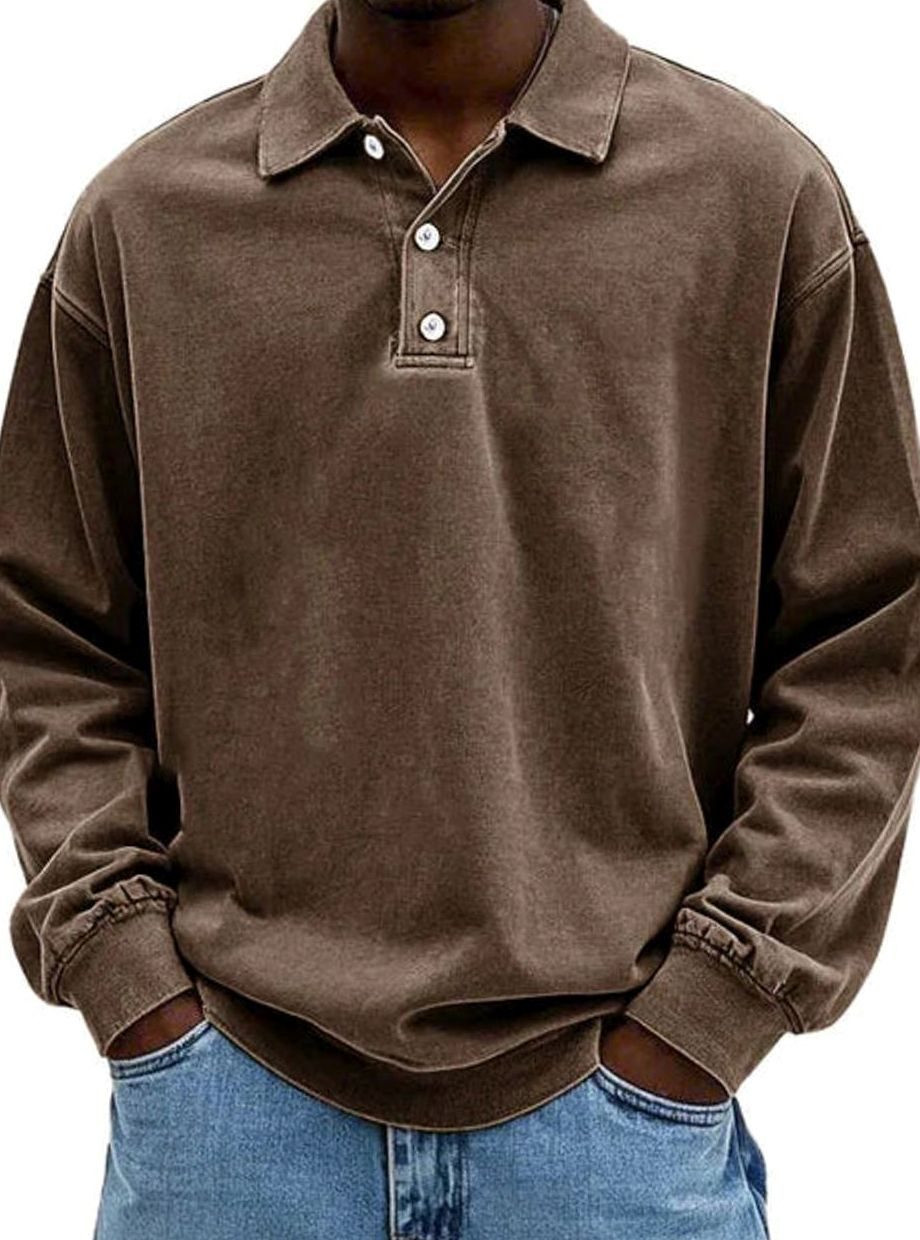 Men's Oversized Retro-Style Polo Shirt with Button Placket - Brown