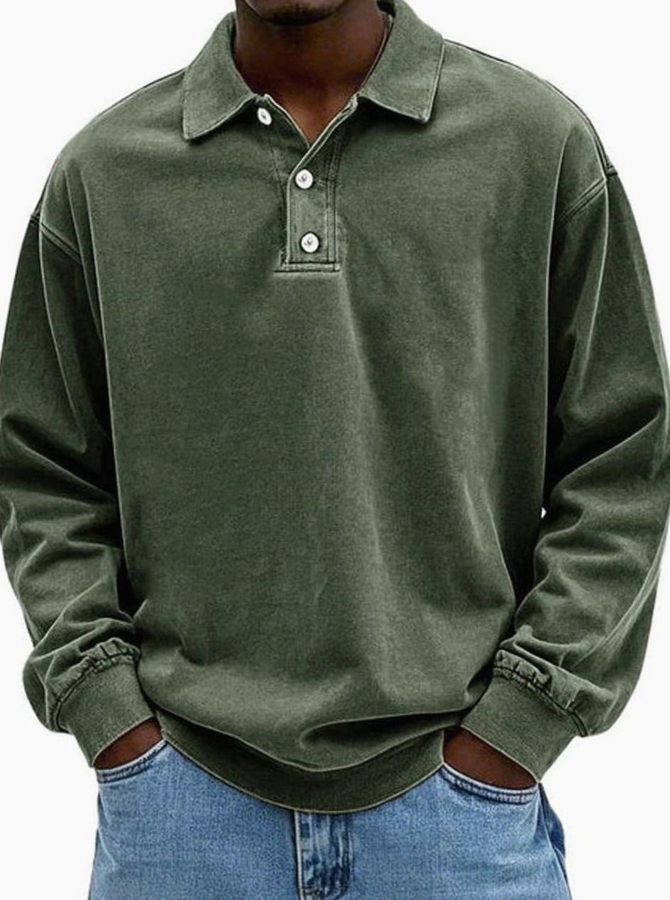 Men's Oversized Retro-Style Polo Shirt with Button Placket - Army Green