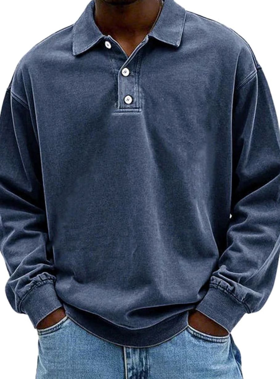 Men's Oversized Retro-Style Polo Shirt with Button Placket - Navy Blue