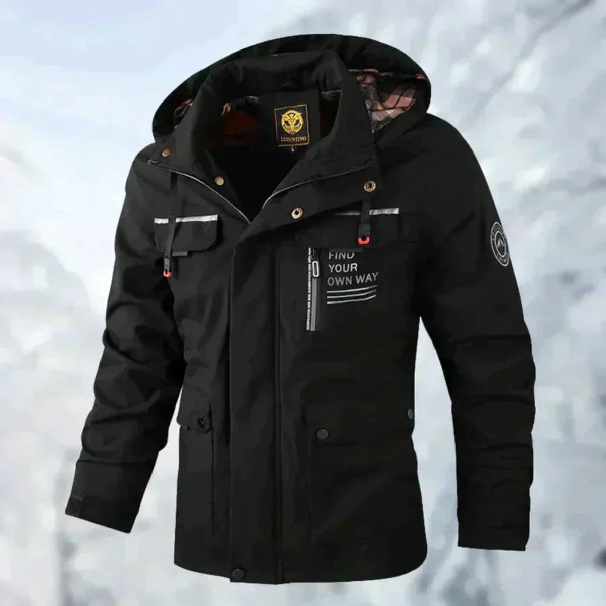 Men's Windproof Rain Jacket in Quilted Polyester with Removable Hood - Black