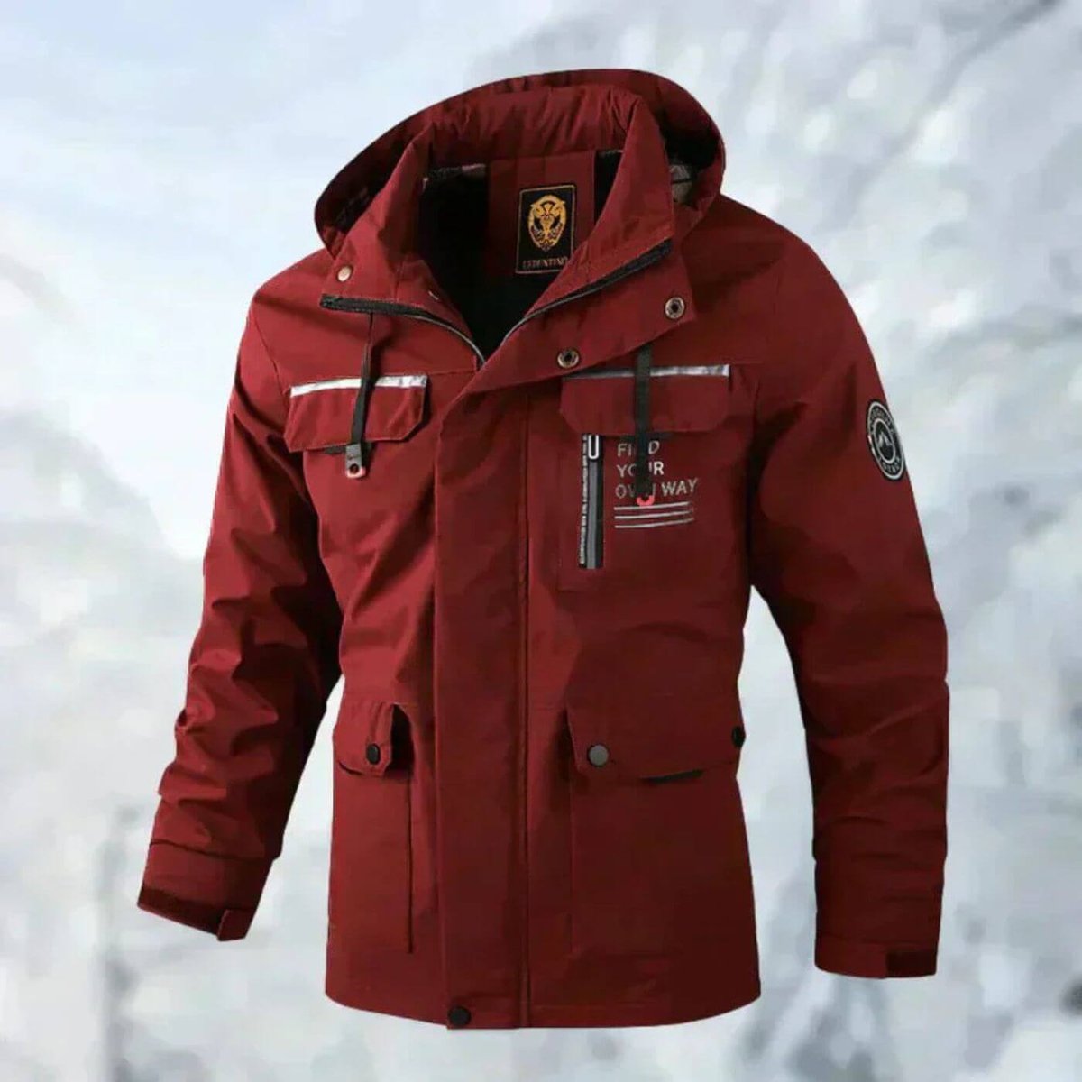 Men's Windproof Rain Jacket in Quilted Polyester with Removable Hood - Red