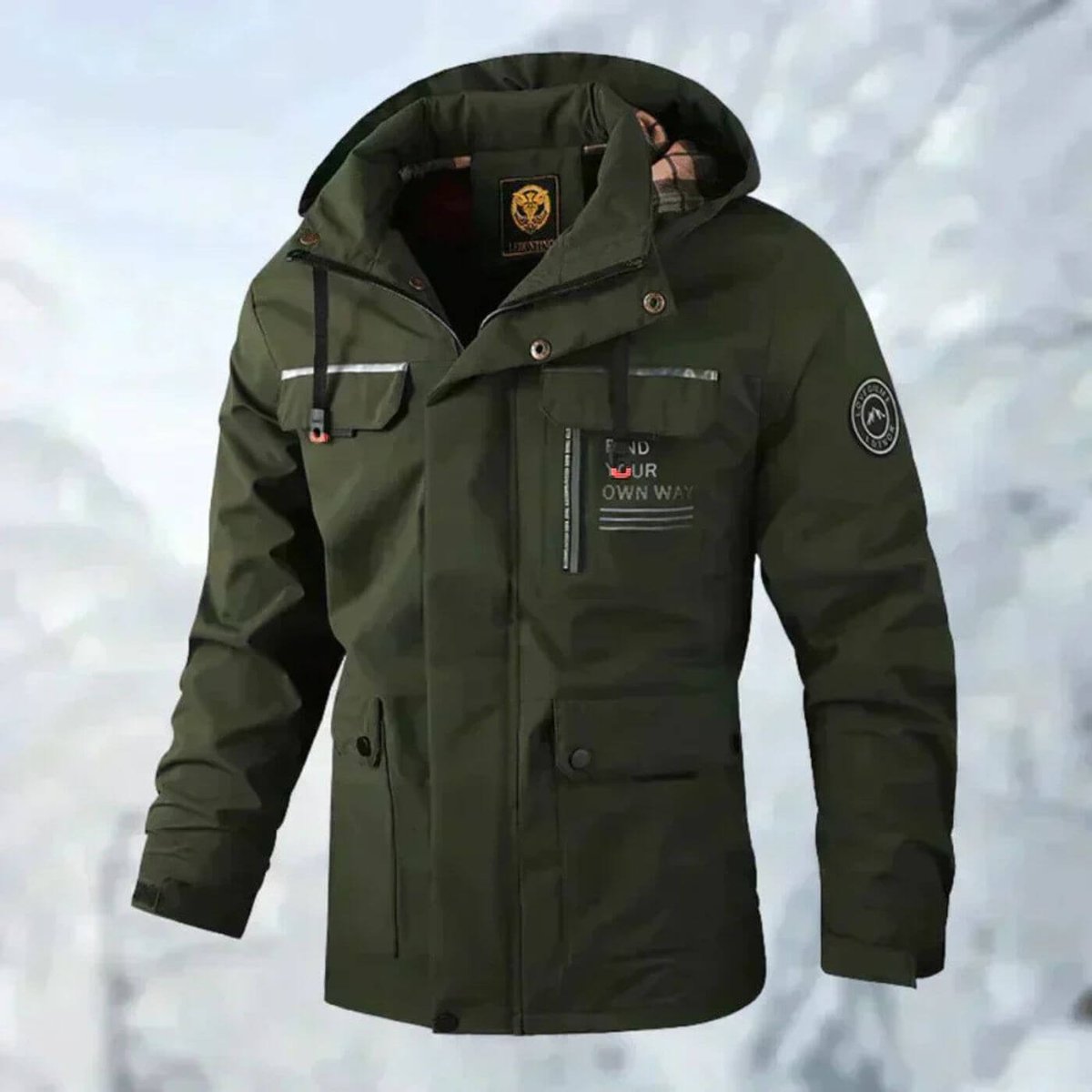 Men's Windproof Rain Jacket in Quilted Polyester with Removable Hood - Green