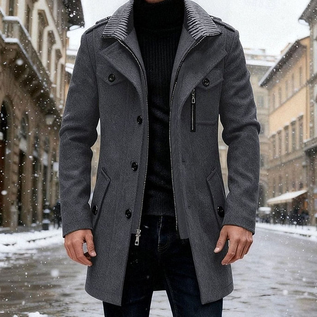 Men's Notch-Collar Double-Breasted Wool Overcoat with Side Zip - Gray