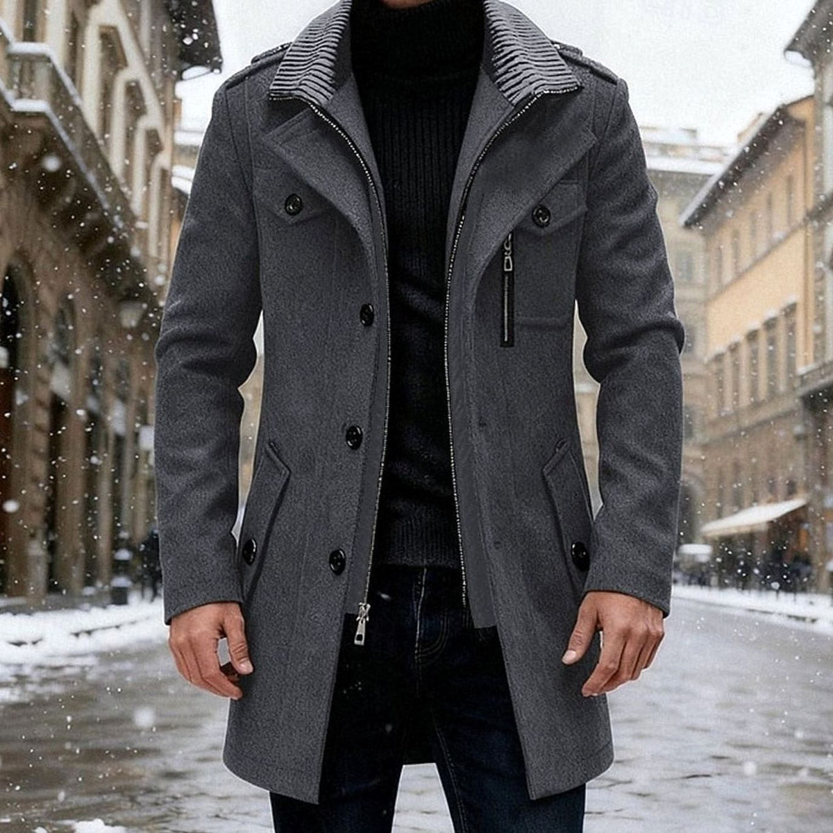 Men's Notch-Collar Double-Breasted Wool Overcoat with Side Zip - Gray