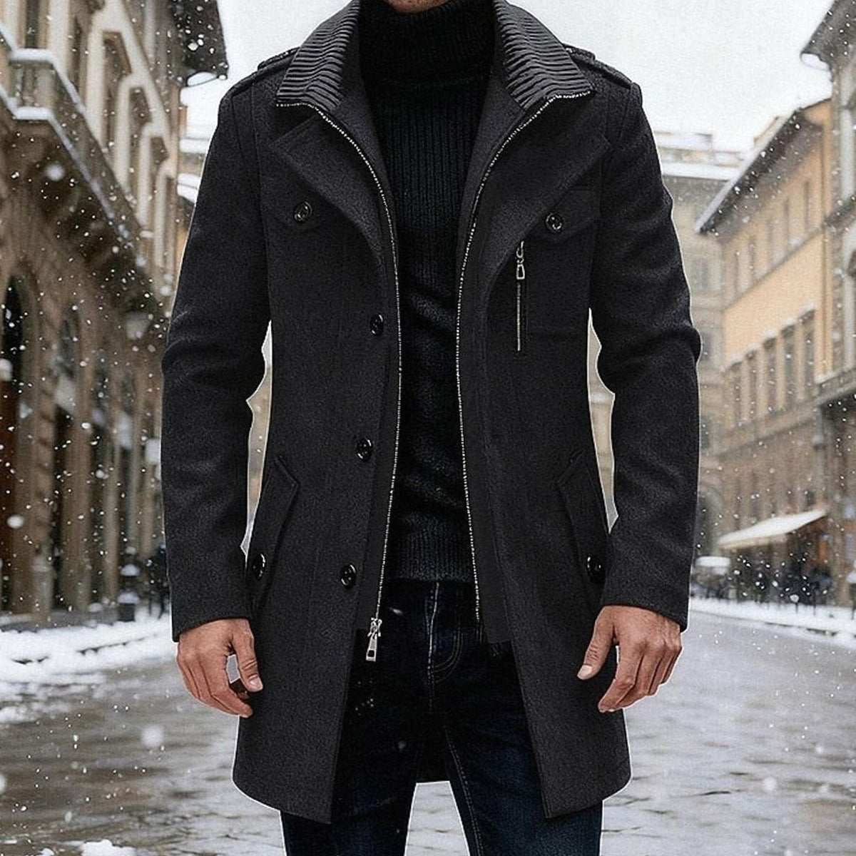 Men's Notch-Collar Double-Breasted Wool Overcoat with Side Zip - Black