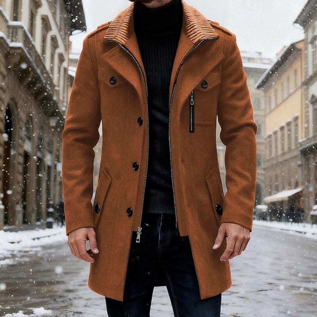 Men's Notch-Collar Double-Breasted Wool Overcoat with Side Zip - Brown