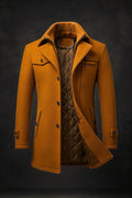Men's Double-Collar Wool Overcoat with Quilted Satin Lining - Brown