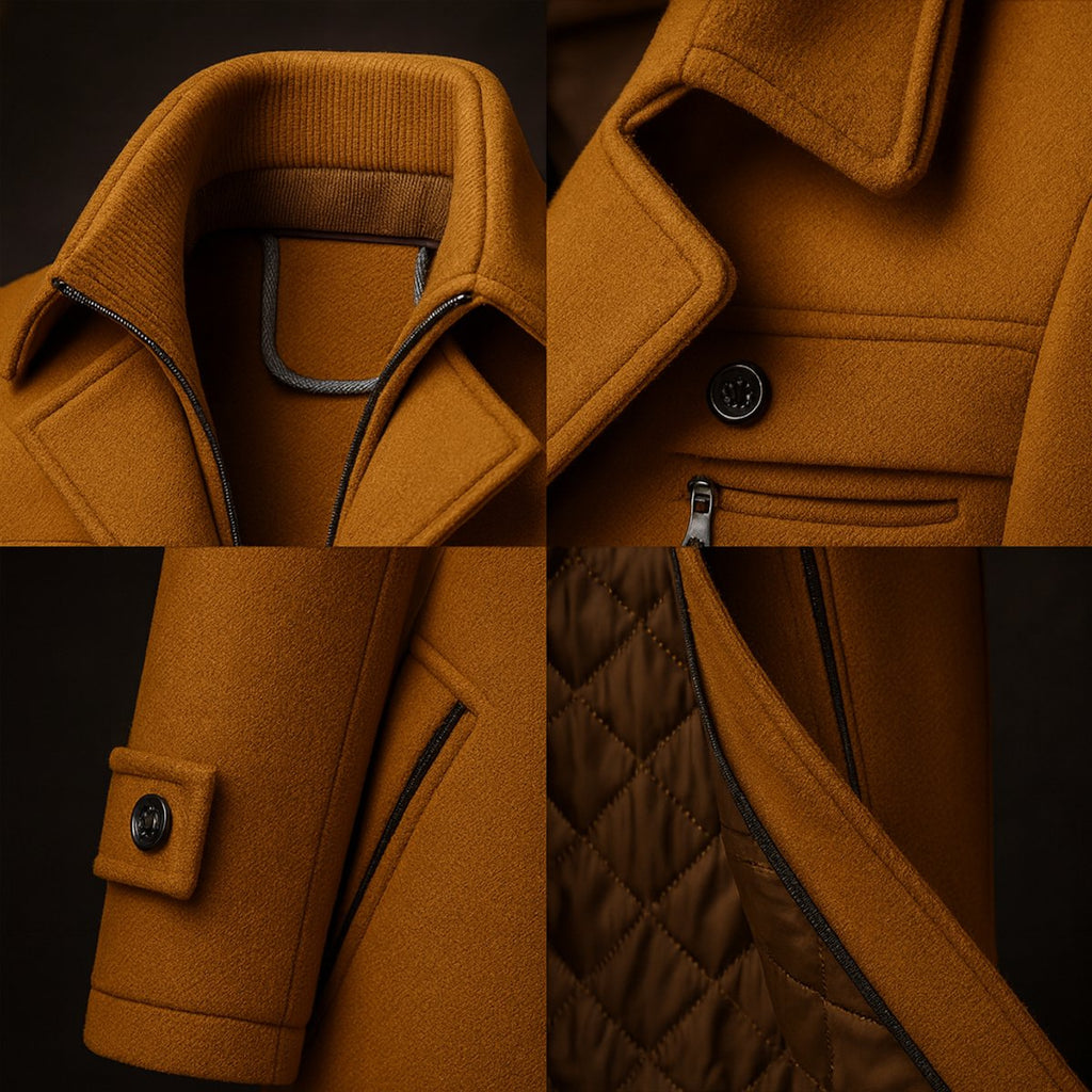 Men's Double-Collar Wool Overcoat with Quilted Satin Lining