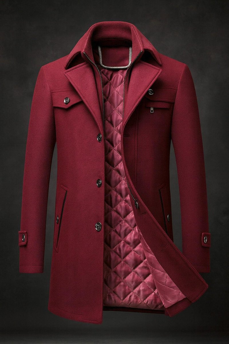 Men's Double-Collar Wool Overcoat with Quilted Satin Lining - Burgundy