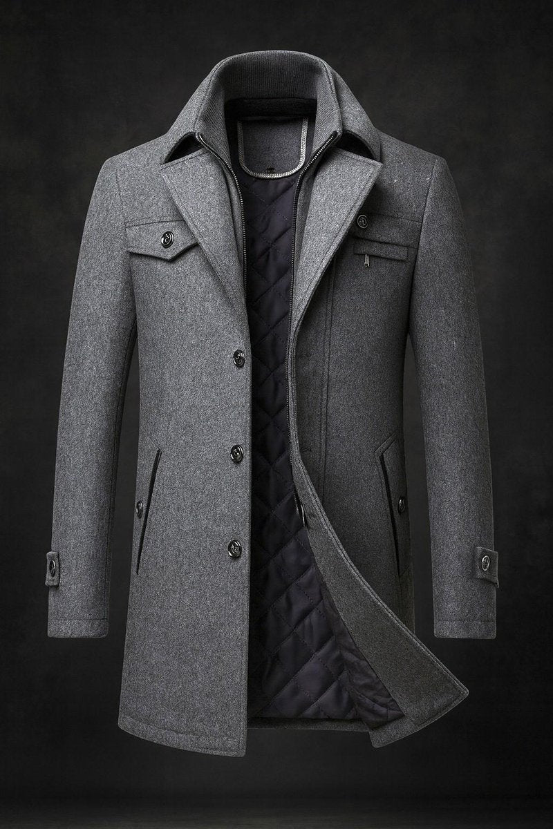 Men's Double-Collar Wool Overcoat with Quilted Satin Lining - Gray