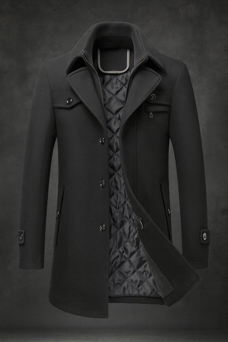Men's Double-Collar Wool Overcoat with Quilted Satin Lining - Black