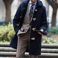 Men's Horn-Toggle Hooded Overcoat with Deep Side Pockets - Dark Blue
