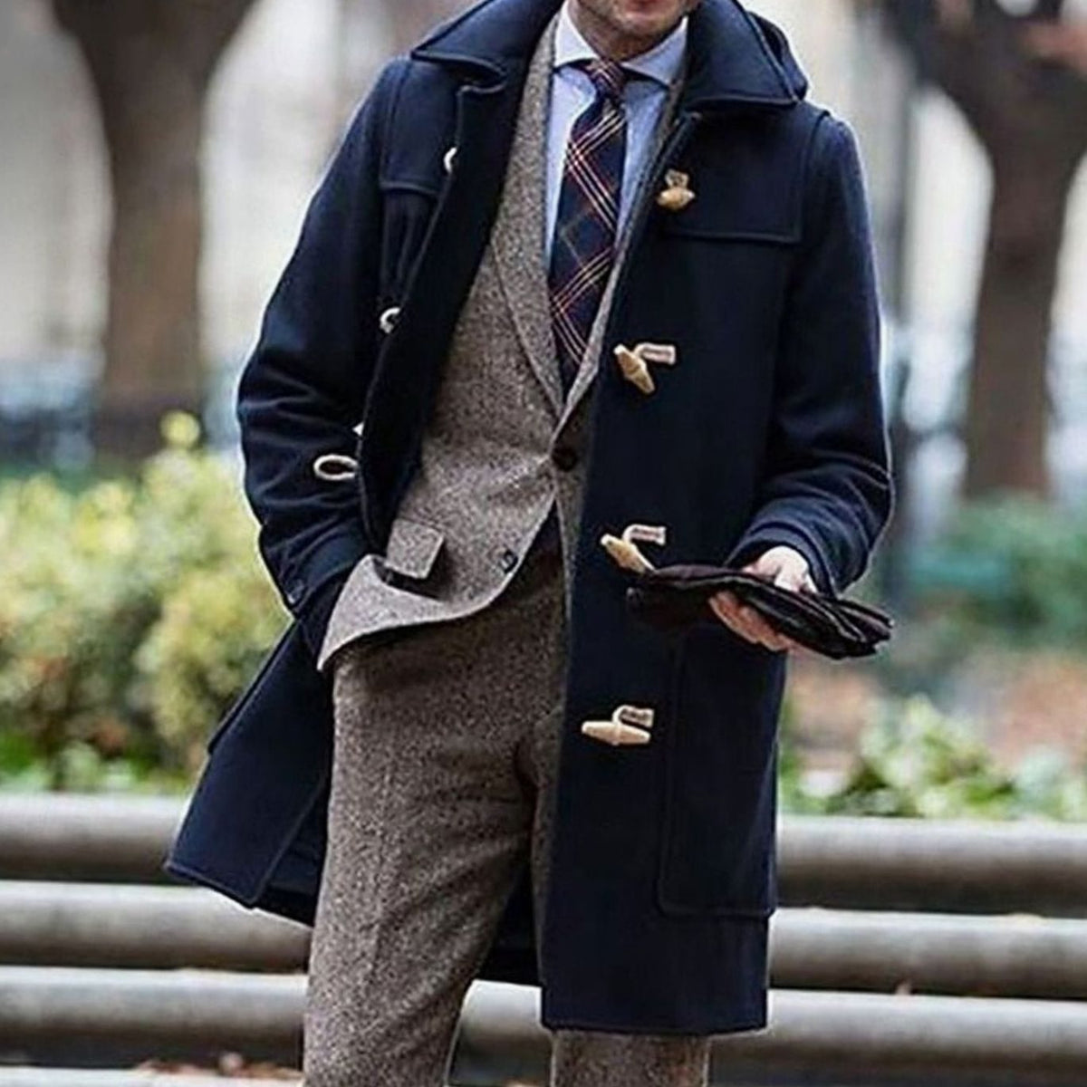 Men's Horn-Toggle Hooded Overcoat with Deep Side Pockets - Dark Blue