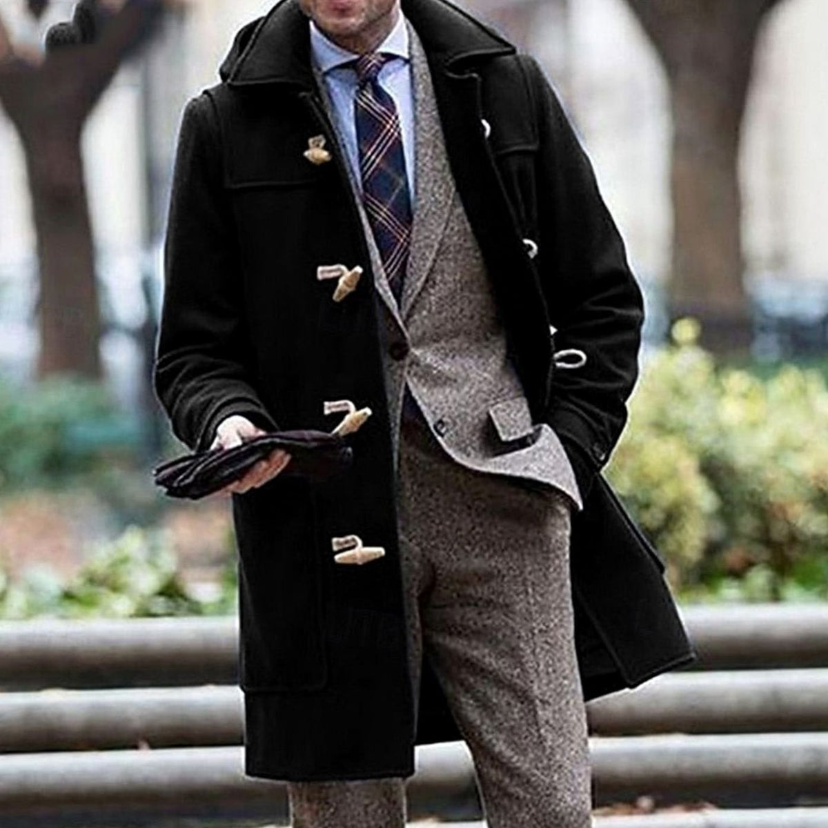 Men's Horn-Toggle Hooded Overcoat with Deep Side Pockets - Black