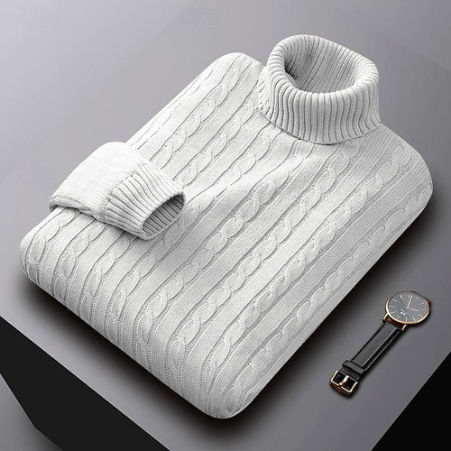 Men's Dense Cable-Knit Turtleneck Sweater with Ribbed Collar - White
