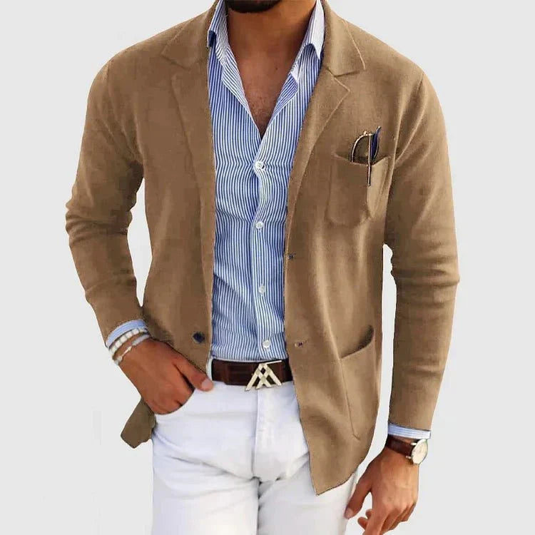 Men's Soft Knit Patch-Pocket Blazer with Notch Lapel - Beige